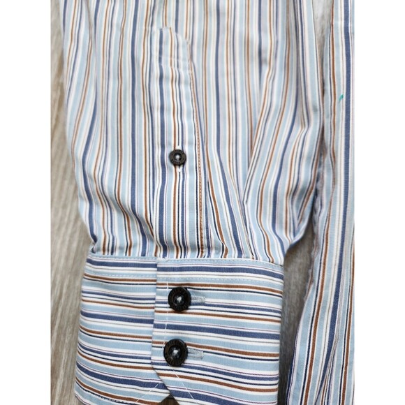 Tommy Hilfiger 80s 2 Ply Fabric Button Up Shirt Blue Brown White Stripe Sz L EUC - Picture 4 of 9